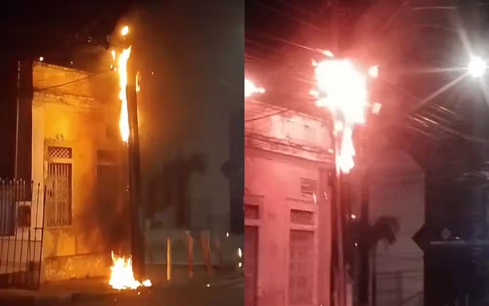 Poste de energia elétrica pega fogo no Bairro São José, em Aracaju