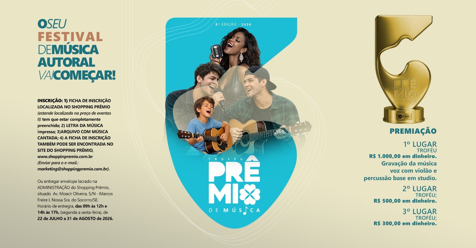 Shopping Prêmio retoma Troféu Prêmio de Música e abre inscrições pra 5ª edição