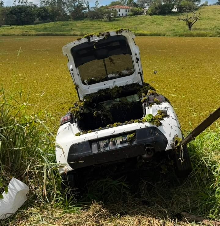Motorista tenta desviar de animal que estava na pista, perde o controle da direção e o veículo caiu em lagoa