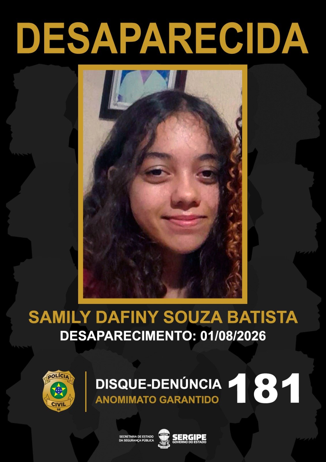 POLÍCIA CIVIL BUSCA INFORMAÇÕES PARA LOCALIZAR UMA ADOLESCENTE DE 16 ANOS DESAPARECIDA EM ARACAJU