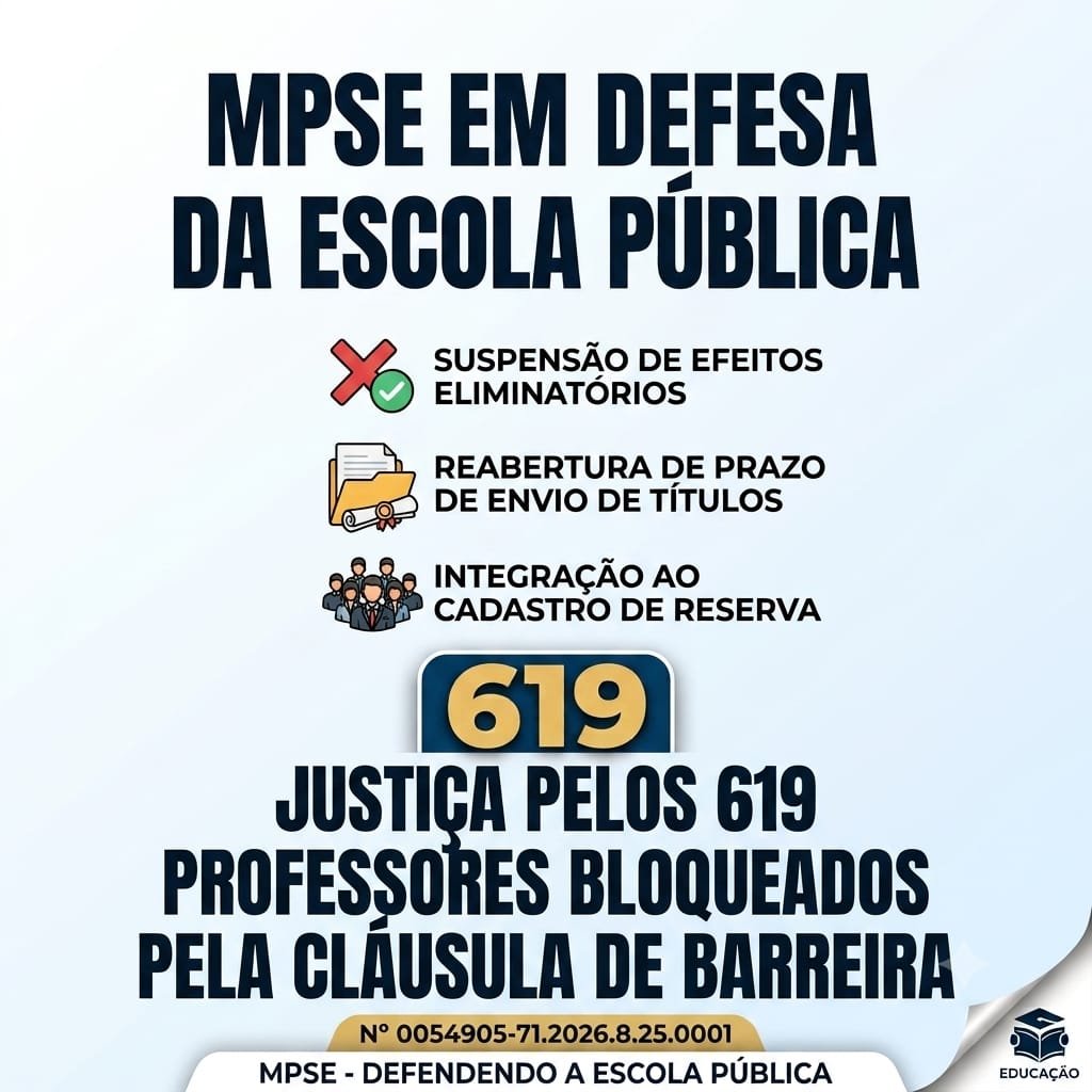 MPSE entra na Justiça contra cláusula de barreira e cobra nomeação de professores em SE